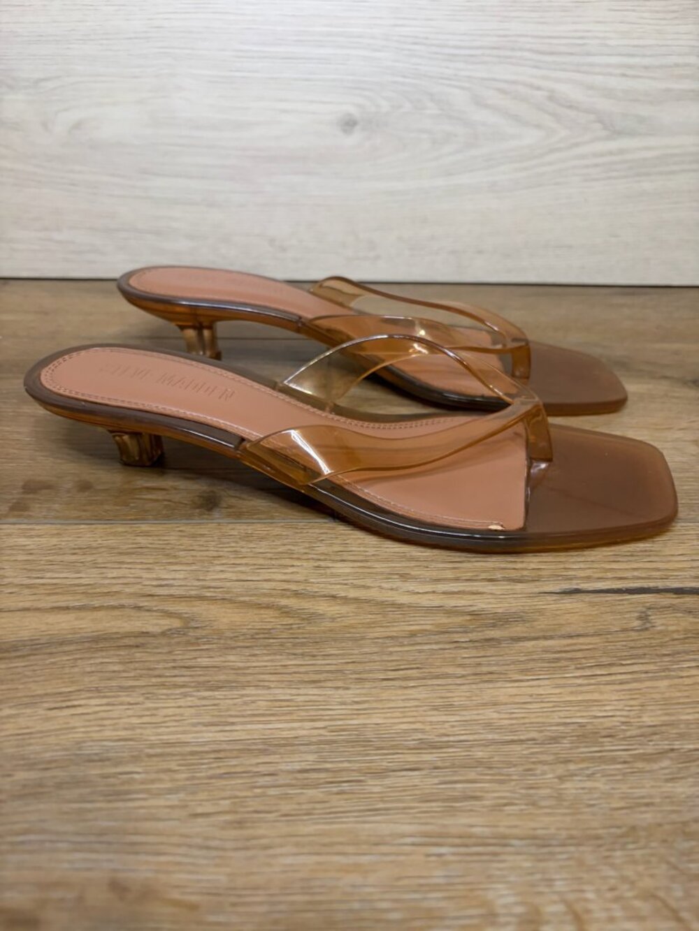 Steve Madden Tracie-J Sandals Tan Vinyl Kitten Heel Square Toe Slide Shoes 9M